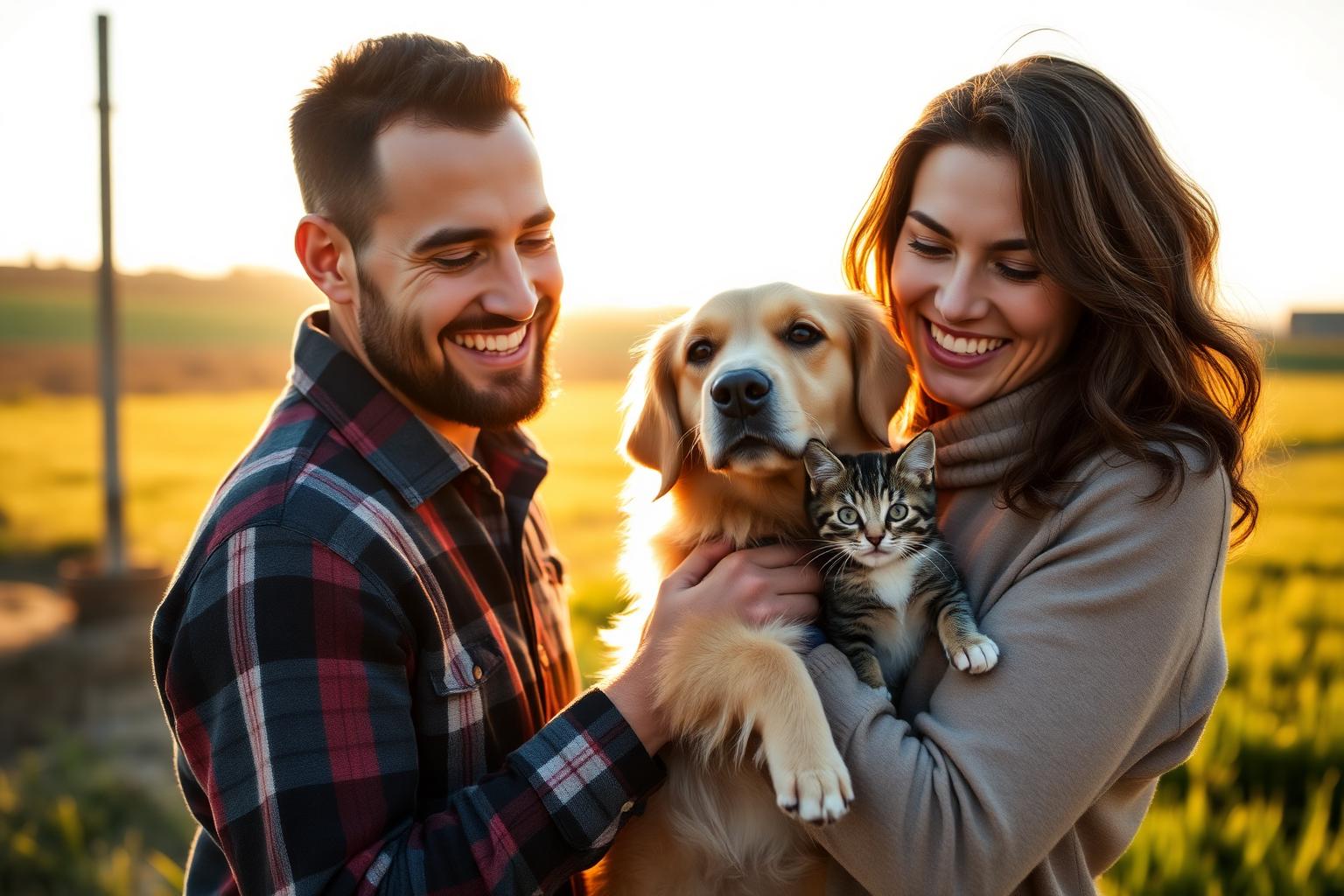 A family holding a rescued golden dog and a tabby kitten in golden hour light